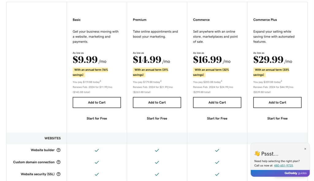 Precios del creador de comercio electrónico de tienda en línea de GoDaddy