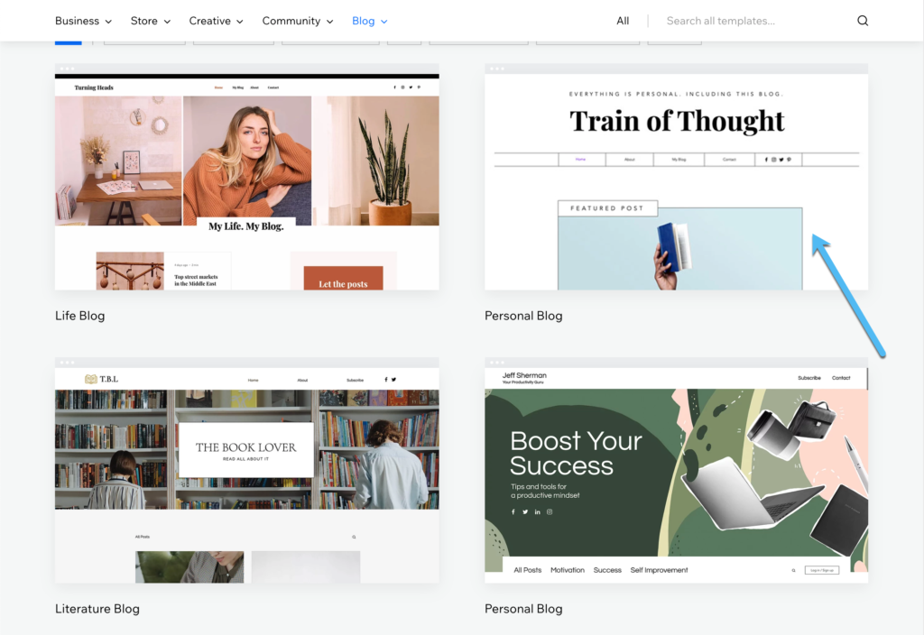 choose a wix template for a blog 