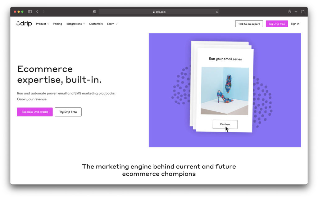 drip ecommerce homepage - best email marketing service for ecommerce