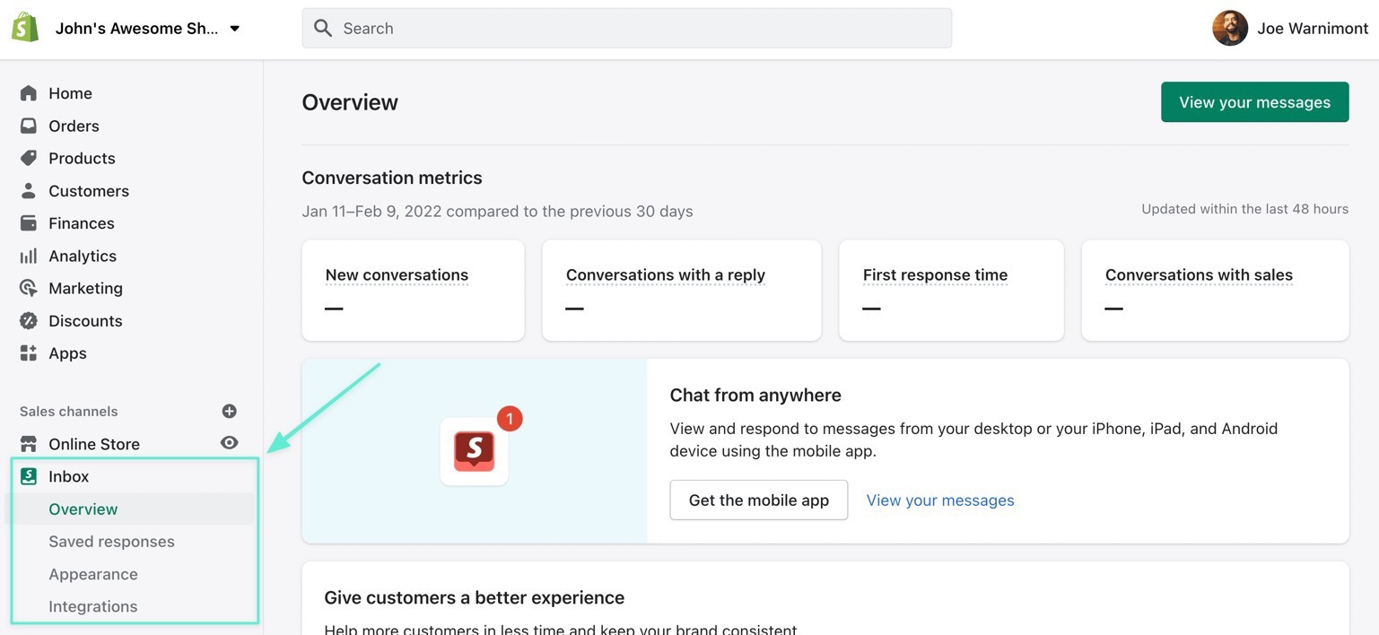 the Shopify Inbox tab now appears in the sidebar