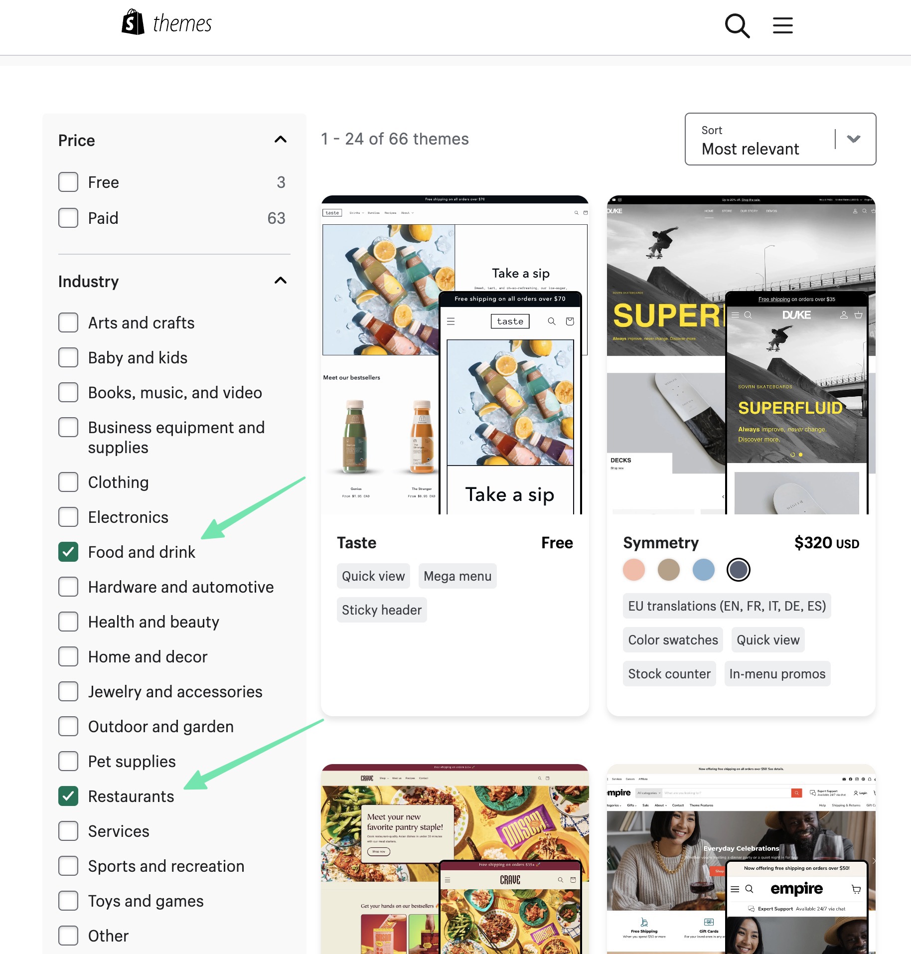 filtrar para Shopify para temas de restaurantes